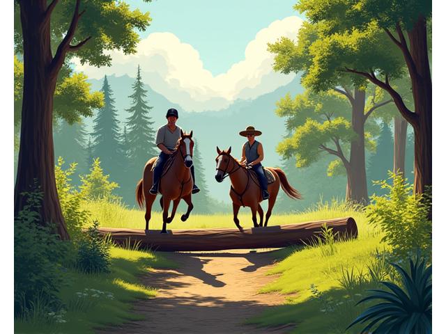 Two riders on horseback navigating a cross-country course through a lush, forested landscape.