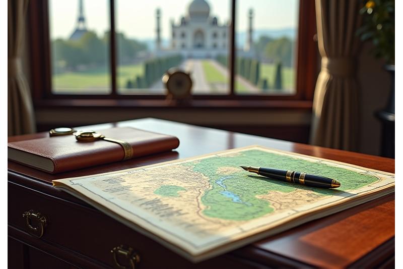 A personal concierge meticulously arranging a tailored travel itinerary, luxury tablet and documents on a mahogany desk, with a backdrop of iconic global landmarks
