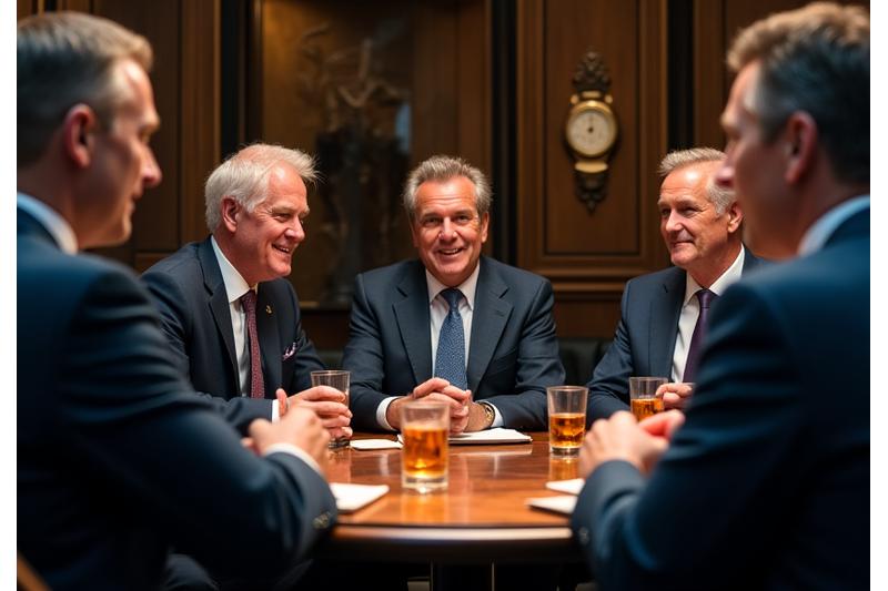 Image of a group of well-dressed gentlemen engaging in conversation at a high-end club or lounge setting, with subtle hints of sporting memorabilia, conveying a sophisticated networking environment